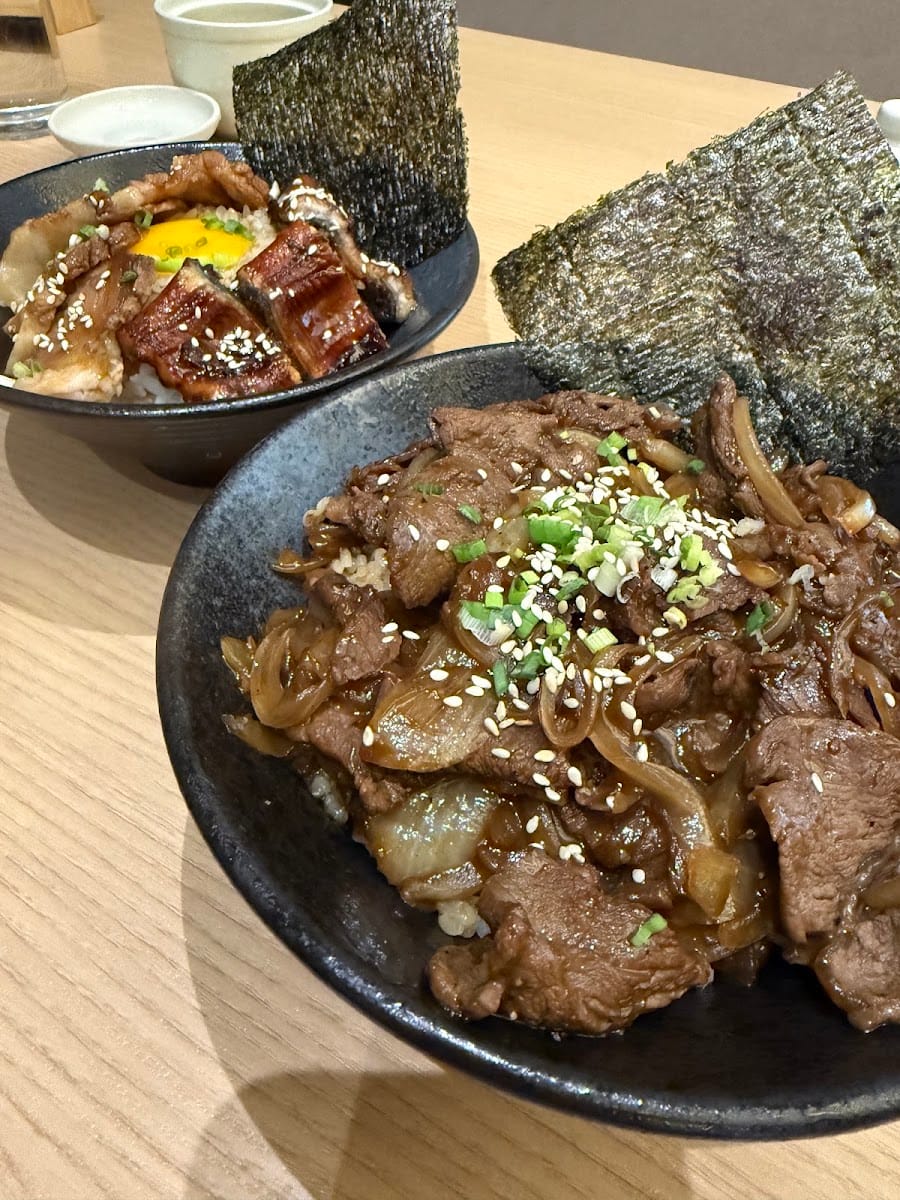 Two donburi bowls: onion beef over rice with seaweed, and eel with egg yolk